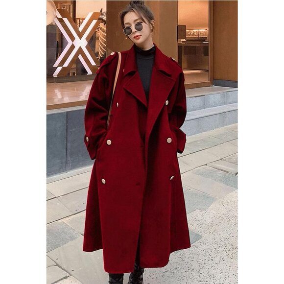 Women's Red Winter Double-Breasted Wool Midi Pea Coat with Notch Lapel Trench - Picture 5 of 5